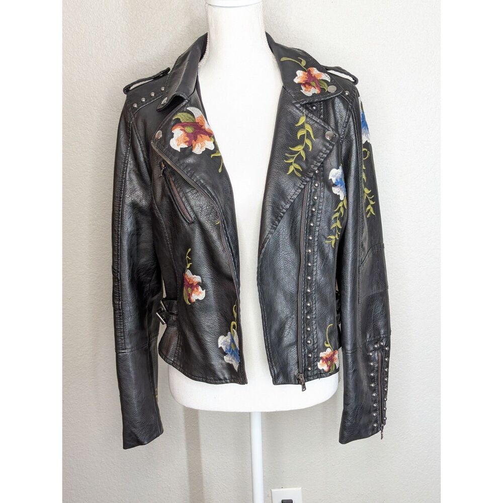 Faux Leather Biker Black Moto Jacket Floral Embroidery FLAWS Unique Approx Sz S - Picture 6 of 16